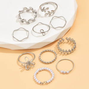 Fashionable and unique hollowed-out flower <b>stacked</b> <b>ring</b> set, smooth leaf and vine imitation pearl joint <b>rings</b>, 10-piece set. - Product Image 5