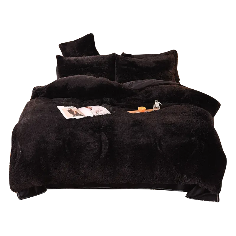 4pcs thick flannel fleece velvet duvet cover black soft queen king size winter bedding set for home