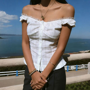 Camiseta Francesa Vintage a Rayas, con Botones y Hombros Descubiertos, Corte Ajustado y Ligero, Estilo Camisa para Mujer, Atuendo Casual - Product Image 4