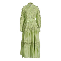 Automne personnalisé femmes français rétro creux fleur broderie dentelle revers chemises à manches longues avec cordon plissé jupe ensemble