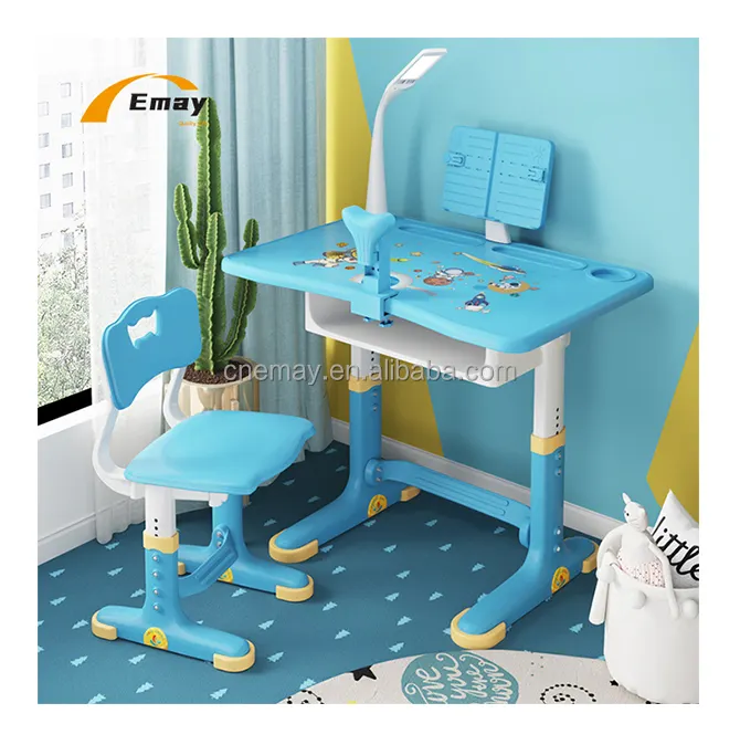 Conjunto de mesa e cadeira PP com gaveta fixa, modelo de desenho animado DIY, ajustável para crianças, estudantes da escola primária, 70x45.5 azul/rosa