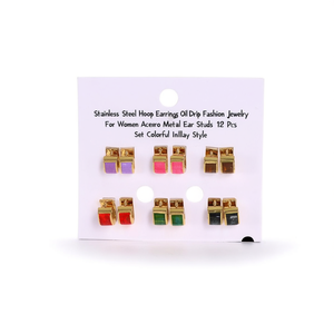 Orecchini a Cerchio in Acciaio Inossidabile con Design a Goccia d'Olio, Gioielli alla Moda per Donne, Set di 12 Pezzi in Metallo Colorato con Intarsi - Product Image 1