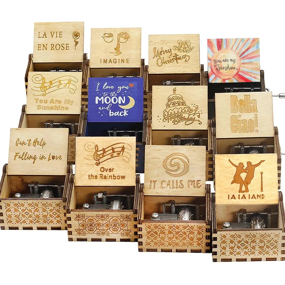 45 Designs Factory Wholesale Anime Game Music Box Wooden Hand Crank Laser Engraved Music Box Eco-friendly Wood Square 30 Pcs