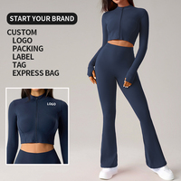Ensembles de yoga en gros pour femmes, ensemble 2 pièces avec pantalon évasé et soutien-gorge de sport à maintien élevé, logo personnalisé, en nylon, pour la gym et l'entraînement