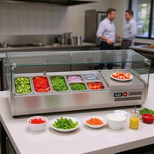 Équipement de réfrigération de cuisine commerciale 140 W Station de préparation de condiments de comptoir 304 corps en acier inoxydable PC couvercle verre garde - Product Image 2