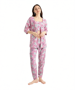 Sy298r Set pigiama in pile da donna con maniche a tre quarti, stampa con motivo animale, morbido pigiama invernale a lunghezza intera a vita media - Product Image 1