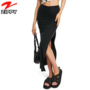 Женская юбка-карандаш в рубчик, черная Повседневная облегающая юбка с боковым высоким разрезом, лето 2022