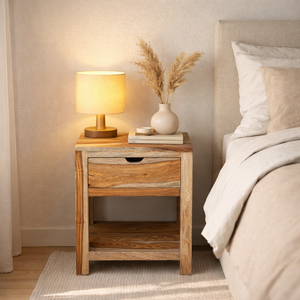 Solid Sheesham Wood Bedside <b>Table</b> with <b>Drawer</b> & Open Shelf | Natural Finish Wooden Nightstand | Modern Bedroom <b>Side</b> <b>Table</b> - Product Image 1