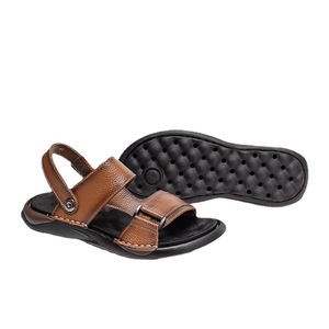 First Layer Cowhide Men's <b>Flat</b> <b>Sandals</b> Open Toe Buckle Strap Anti Slip Rubber Sole Summer Casual Solid Color Genuine Leather - Product Image 4