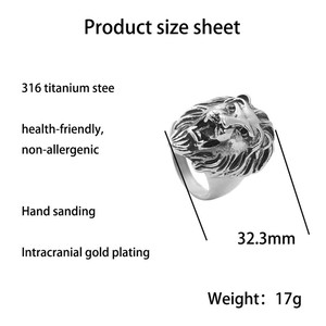 Lion <b>Ring</b> Men's Stainless Steel Animal Shape Retro Punk Style Jewelry Gift <b>Silver</b> Color 260123 - Product Image 5