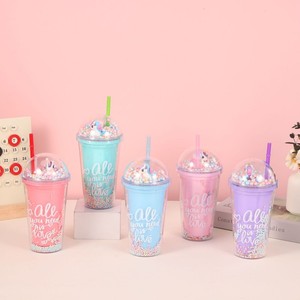 450ml Sweet Romantic Love Letter Unicorn Themed Double Wall <b>Plastic</b> Tumbler with Straw Pastel Pom Pom Dome Lid Five Pastel Body - Product Image 1