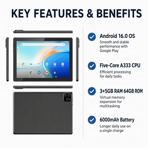 Tablette portable 10 pouces avec 8 Go de RAM, 64 Go de ROM, Android 16.0, batterie 6000 mAh, processeur cinq cœurs et étui de protection - Product Image 5