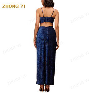 ผู้หญิงแฟชั่นหรูหราสีฟ้าเข้มพื้นผิวS Trappyกํามะหยี่ผู้หญิงชุดตัดเอวสูงSlitเซ็กซี่คลับMaxi <span class=keywords><strong>Dress</strong></span> - Product Image 4