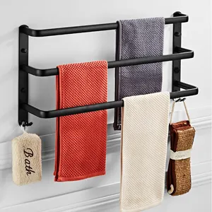 Matte màu đen giữ khăn với móc khăn Bar phụ kiện phòng tắm Wall Mount nhôm Rack khăn