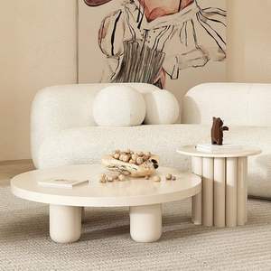 Table basse tendance de style français en panneau de chêne, tons crème, style nordique, pour salon, petit appartement, style Wabi-sabi - Product Image 1