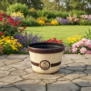 Maceta de Exterior de Diseño Minimalista con Imitación de Barril de <span class=keywords><strong>Madera</strong></span>, Material PP, Ligera, Textura Realista de <span class=keywords><strong>Madera</strong></span> - Product Image 6