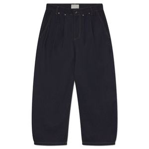 Custom <b>Men</b> Loose Baggy Denim Jean Contrast Topstitching Dark Indigo Pleated Wide Leg <b>Cropped</b> Fit Denim Trousers - Product Image 2