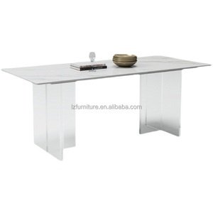 Muebles de Restaurante, Mesa de Comedor Rectangular Moderna de Piedra Sinterizada, Tapa de Losa de Mármol, Patas Acrílicas, Base Transparente, para 6-8 Personas - Product Image 6