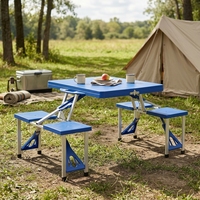 Table de pique-nique pliante bleue 4 places avec banc et trou pour parasol, structure en aluminium, portable pour le camping