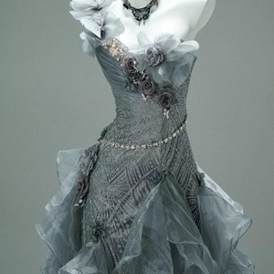 JFH83 Asymmetric Gray Crystal Mermaid Evening Party <b>Dress</b> <b>Ruffle</b> Lace Beading Appliques Chiffon Print Design Natural Chapel - Product Image 4
