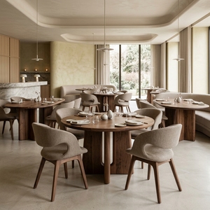 Ensemble de meubles de restaurant commercial d'hôtel, table ovale en bois de luxe moderne J2S et chaise courbée, design d'intérieur, solution tout-en-un - Product Image 2
