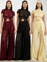 Robe de créateur haut de gamme en dentelle unie, découpée, col rond, manches dolman, fente avant – Personnalisable et en gros