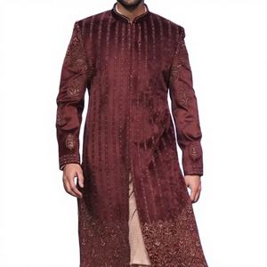 Pantalón Sherwani Color Granate Oscuro, con Bordado Elegante y Decoración con Cuentas de Cristal, Talla Grande, Transpirable - Product Image 3