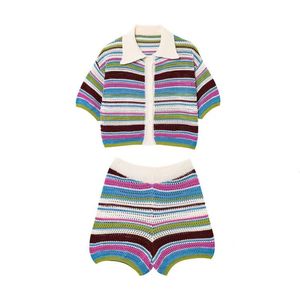 Conjunto de Top y Shorts de Verano, Casual, con Estampado de Rayas, Cuello en V, Cierre de Botón, Tejido - Product Image 3