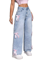 Jean baggy bleu personnalisé Yuanbofei, délavé style vintage, avec nœud décoratif, coupe large, denim ajusté mais non étroit pour femme