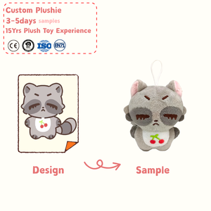Porte-clés personnalisé en peluche Grumpy Raccoon, mini jouet en peluche doux et mignon avec broderie cerise - Product Image 1