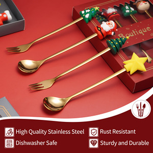 Món Quà Giáng Sinh <span class=keywords><strong>4</strong></span>/6Pcs Cà Phê Muỗng Nĩa 304 Bạc Bộ Quà Tặng Thép Không Gỉ Vàng Flatware Dao Kéo Thiết Lập Với Hộp Quà Tặng - Product Image 3