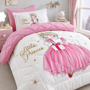 Fairy Tale <strong>Princess</strong> Quilted Polyester <strong>Bedding</strong> for Girls Reversible Pink Comforter Crown Star Gift Box Print Kids Room Decor - Product Image 1