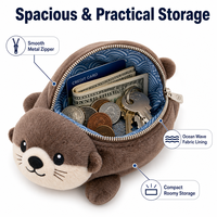 Porte-monnaie en peluche personnalisé sur le thème de la vie marine : Otter, Phoque, Pingouin, Dauphin, avec doublure ondulée, portefeuille doux en forme d'animal en peluche