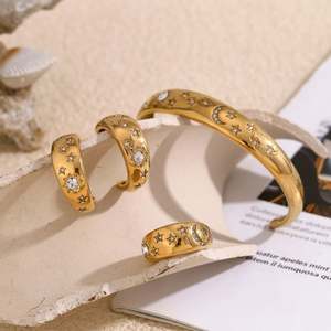 Tarnish Free Waterproof Jewelry Set Dainty Stainless Steel 18K Gold Plated Bracelet with Rings <b>Stars</b> <b>and</b> <b>Moon</b> <b>Earrings</b> - Product Image 2
