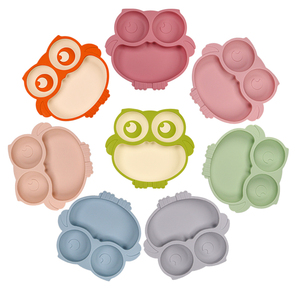 Vaisselle bébé en silicone antidérapante en forme de hibou personnalisée. Ensemble d'alimentation d'entraînement pour tout-petits avec ventouses. Vente en gros d pour enfants - Product Image 1