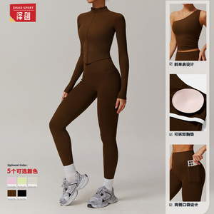Ensemble de yoga Disko Sport TZ8408, 2 pièces, couleur unie, cardigan asymétrique à fermeture éclair quart de tour, vêtements de fitness et d'entraînement - Product Image 3
