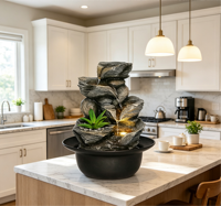 Cascade de roche de style naturel avec accent végétal vert, lumière LED chaude et bassin rond noir pour la décoration de bureau et le soulagement du stress