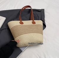 Tas Tote Kasual Wanita Stripe Kapasitas Besar Hundred Seaside Beach Rattan Wovenr dengan Penutup Ritsleting untuk Wanita