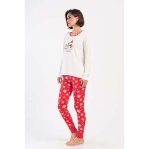 Conjunto de pijama de licra para mujer con cuello redondo, manga larga, pantalón corto y pantalón largo con puños - Blanco roto - Product Image 2