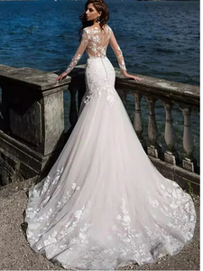 <b>Long</b> Sleeved <b>Wedding</b> <b>Dress</b> Lace <b>Wedding</b> <b>Dress</b> <b>Long</b> <b>Sleeve</b> Bridal Gowns <b>Simple</b> Deep V-neck Arge Open Back Fish Tail - Product Image 3