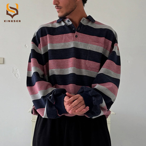 เสื้อโปโลผ้าฝ้ายปักลายสไตล์วินเทจทรงโอเวอร์ไซส์สำหรับผู้ชาย ผลิตตามสั่งจากโรงงาน  ลายทางแบบเสื้อรักบี้ แขนยาว - Product Image 1