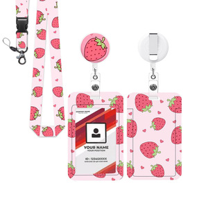 heat transfer strawberry lanyard strap, retractable and easy-pull <b>ID</b> card <b>holder</b>, pink name tag strap - Product Image 1