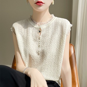 T-shirt en tricot sans manches pour femme, avec dentelle et perles, tendance - Product Image 1