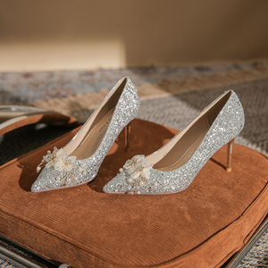 Escarpins de mariée à paillettes, bout pointu, talon aiguille de 5 à 8 cm, décoration florale, chaussures de mariage - Product Image 4