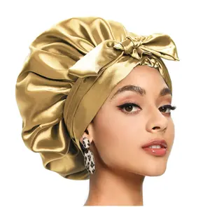 Luxury Statin Plain Colors Head Bonnet Designer With Snap Logo Satin Big Women Silk For Hair Large For Satin Silk Silky Bonnets