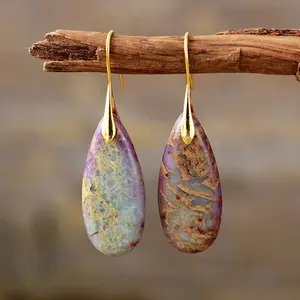 Últimas Banhado A Ouro Pedra Imperial Natural Jasper Boho Vintage Teardrop Assort Brincos Mulher Elegante Jóias