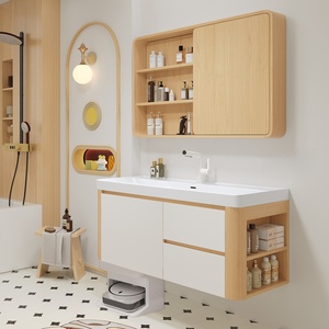 Modern Wooden Wind Curved Ceramic Ocean Basin Smart <b>Mirror</b> Cabinet with Wood Grain Bathroom <b>Vanity</b> Unit for Hospital Use - Product Image 3