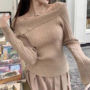 Rétro une ligne cou tricoté chemise pour les femmes ample mince étincelle doré fil de soie <span class=keywords><strong>pull</strong></span> à manches longues <span class=keywords><strong>pull</strong></span> pour les dames - Product Image 4