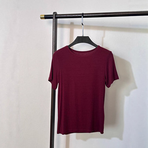 TS-019 Women's Lyocell Knitted Short Sleeve Round Neck T-Shirt Solid Color Base Layer Milky White <b>Date</b> <b>Red</b> - Product Image 2