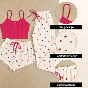 Three Piece Women's Heart-Shaped Printed Vest Shorts and Pants Paired with Ribbed Fabric for Home Casual Women's Sleepwear <b>Set</b> - Product Image 5